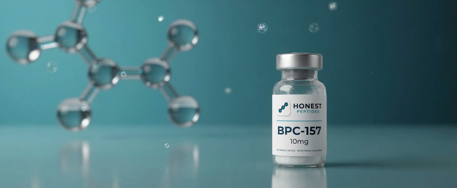 Honest Peptides BPC-157 research-grade vial on a teal molecular background