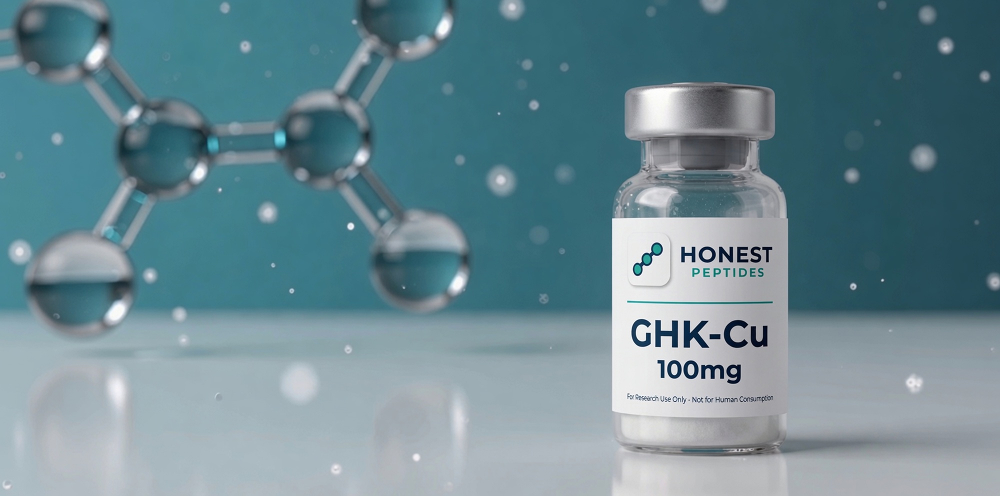 GHK-Cu 100mg research-grade peptide vial on a teal molecular background
